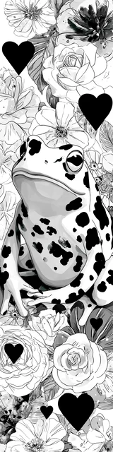 Free printable frog bookmark to color featuring a frog with black hearts